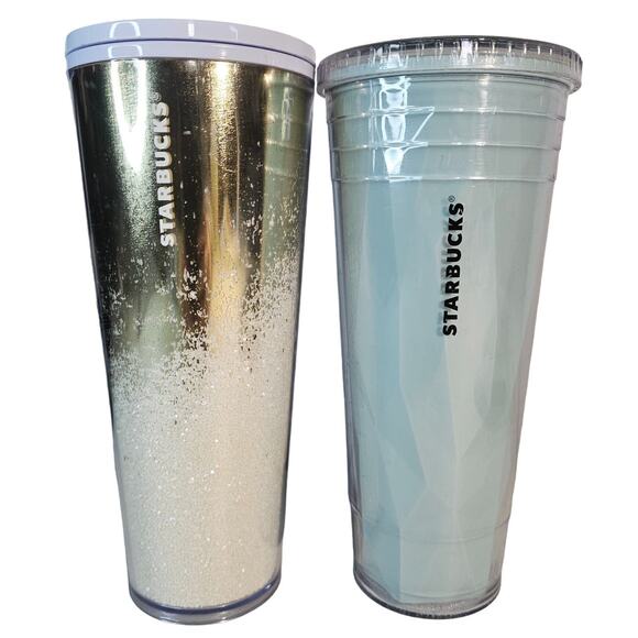Lot of 2 Starbucks 24oz Tumbler Cups: 2019 Holiday LE Gold Confetti - 2012 Blue - Picture 1 of 16
